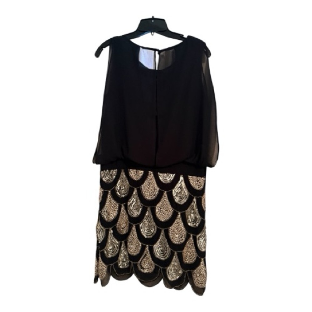 Betsy & Adam Art Deco Sequin Cocktail Dress Black Gold Beaded Gatsby Party Sz12